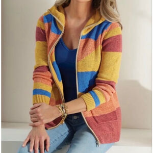 Soft Surroundings Cardigan XL Yellow Blue Striped Hooded